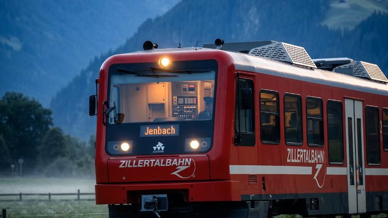 Triebwagen der Zillertalbahn auf der Strecke im Zillertal
